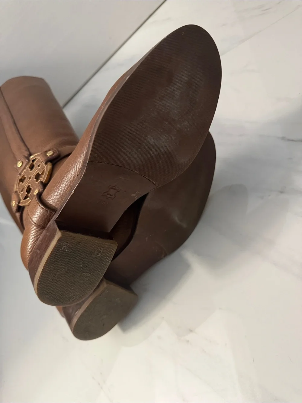 Tory Burch Cognac Leather Tall Riding Boots with Gold Logo